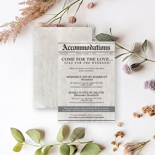 Kranten bruiloft uitnodiging hotel behuizing Kaart