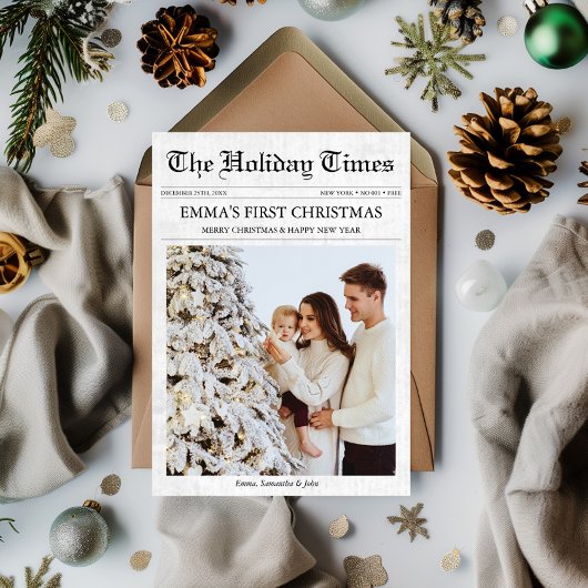 Kranten Eerste Kerst Baby Familiefoto Uniek Feestdagenkaart