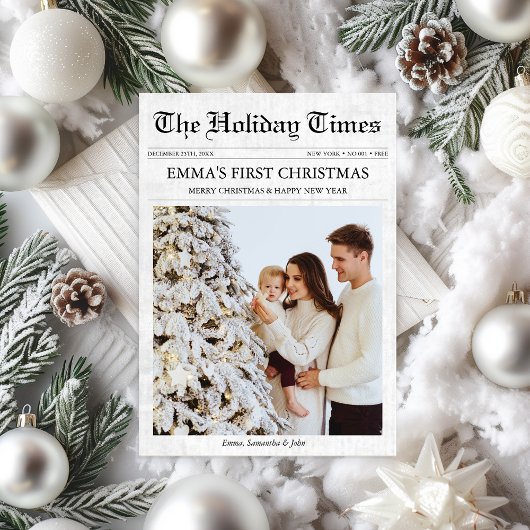 Kranten Eerste Kerst Baby Familiefoto Uniek Feestdagenkaart