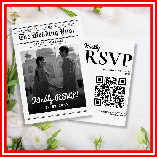 Kranten Huwelijk Moderne Elegante QR Code RSVP Kaartje