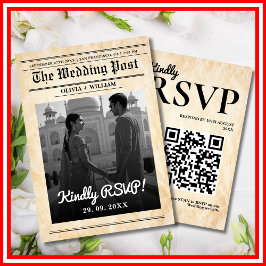 Kranten Huwelijk Rustieke Elegante QR Code RSVP Kaartje