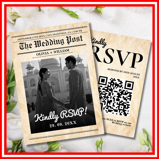 Kranten Huwelijk Rustieke Elegante QR Code RSVP Kaartje