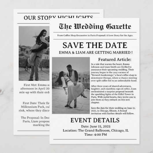 Kranten Huwelijksaankondiging Save The Date (Voorkant / Achterkant)