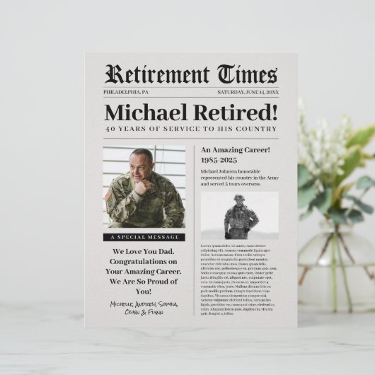 Kranten pensioenbord cadeau voor militaire dierena briefhoofd (Staand voorkant)