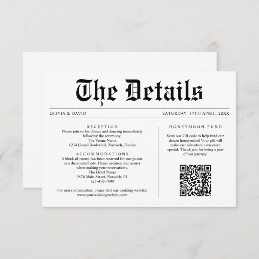 Kranten QR Code Unieke bruiloft Details Informatiekaartje (Voorkant / Achterkant)