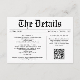 Kranten QR Code Unieke bruiloft Details Informatiekaartje