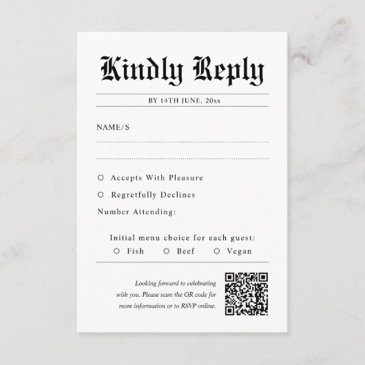 Kranten QR Code Unieke bruiloft RSVP Kaartje (Voorkant)