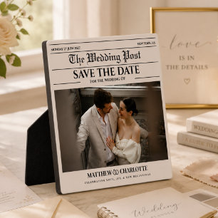 Kranten Save the Date Huwelijk Beige Foto Fotoplaat