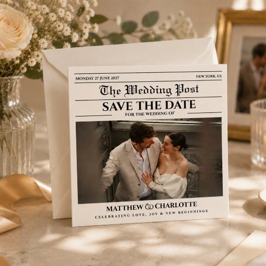 Kranten Save the Date Huwelijk Beige Kaart