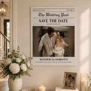 Kranten Save the Date Huwelijk Beige Kaart Poster