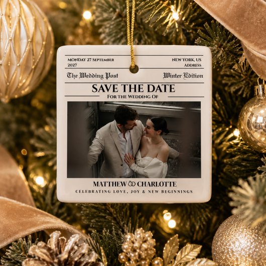 Kranten Save the Date Huwelijk Beige  Keramisch Ornament