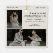 Kranten Save the Date Huwelijk Beige  Keramisch Ornament (Achterkant)