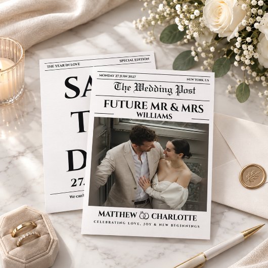 Kranten Save the Date Huwelijkskaart