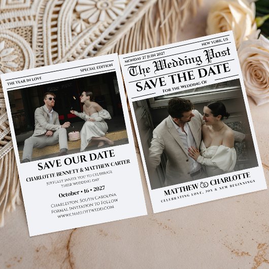 Kranten Save the Date Huwelijksuitnodiging