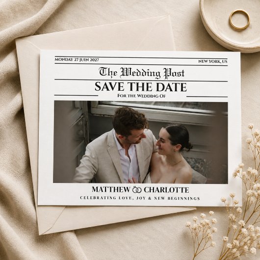 Kranten Save the Date Huwelijksuitnodiging
