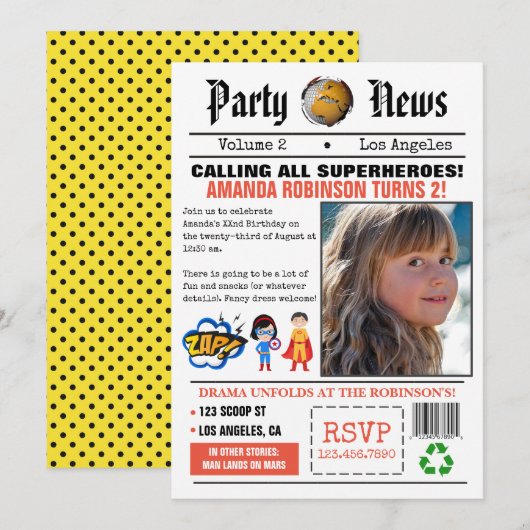 Kranten Superhelden Verjaardagsfeestje Kaart (Voorkant / Achterkant)