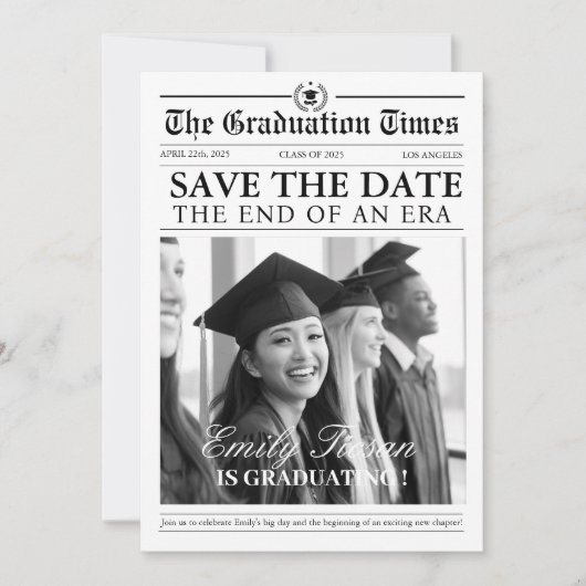 Kranten unieke elegante foto afstuderen save the date (Voorkant)
