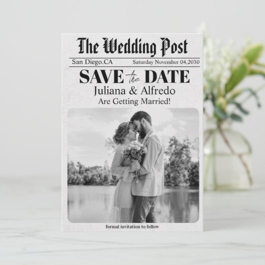 Kranten Unieke Foto Sla de Datum Op Trouwdag Save The Date (Staand voorkant)