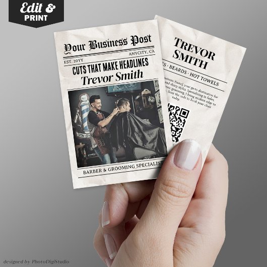 Kranten Visitekaartje, Barber & Grooming Stylist Contactkaartje