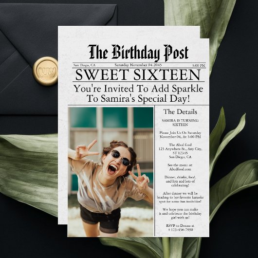 Krantenartikel Unieke pret Sweet Sixteen verjaarda Kaart