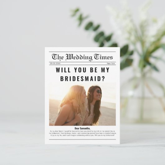 Krantenfoto Be My Bridesmaid Voorstel Info Kaart (Staand voorkant)