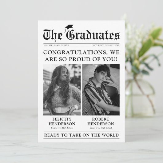 Krantenfoto Gezamenlijk Afstuderen Aankondiging (Staand voorkant)