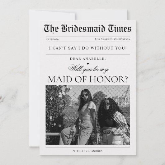 Krantenfoto unieke bruidsmeisje-aanzoek kaart (Voorkant)