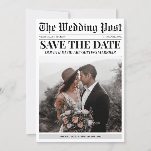 Krantenfoto Unieke bruiloft Save The Date (Voorkant)