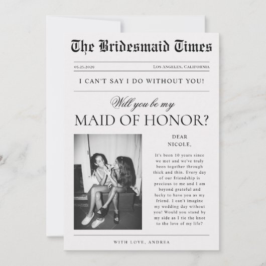 Krantenfoto unieke vraag aan bruidsmeisje kaart (Voorkant)