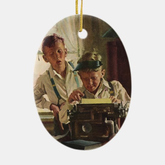  krantenjournalisten, schrijfmachines keramisch ornament (Achterkant)