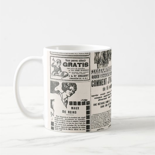 Krantenpagina met antiek advertentie koffiemok (Links)