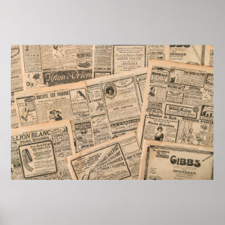 Krantenpagina's met antiek adverteren. Vintage Poster