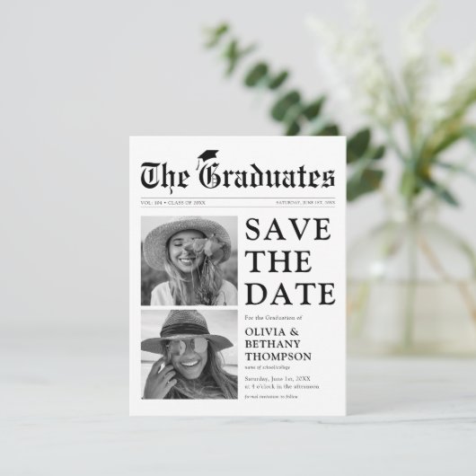 Krantenparitair Afstuderen Save the date (Staand voorkant)