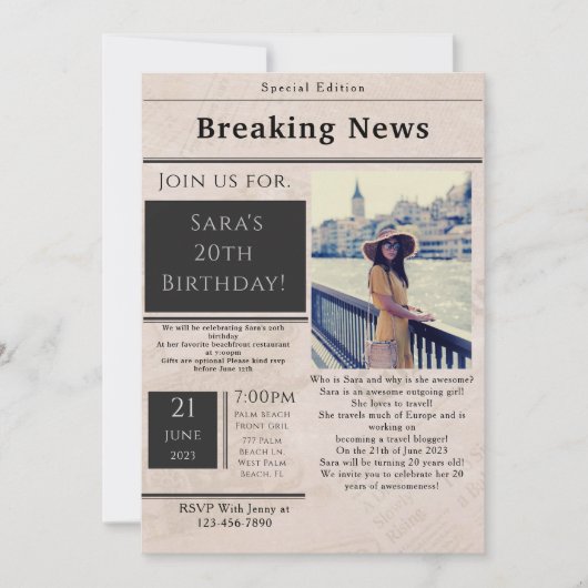  krantenstijl Foto Birthday Uitnodiging (Voorkant)
