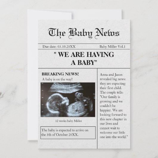 Krantenstijl foto grappige zwangerschap aankondigi kaart (Voorkant)