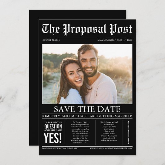 Krantenstijl Fun Black Bewaar de datumfoto Save The Date (Voorkant / Achterkant)