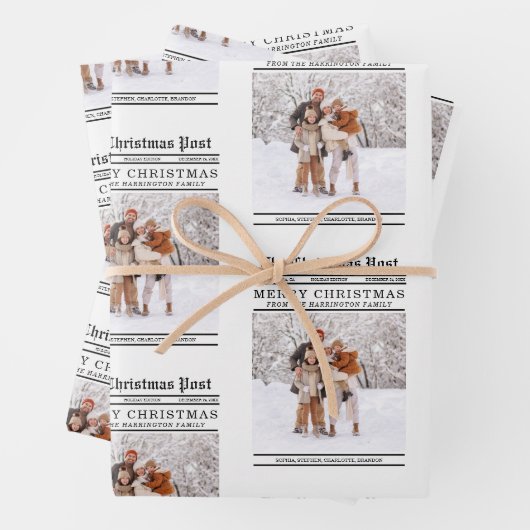 Krantenstijl kerstgroet inpakpapier vel (In situ)