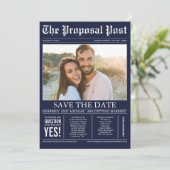 Krantenstijl Navy Blue Save the Date Foto (Staand voorkant)