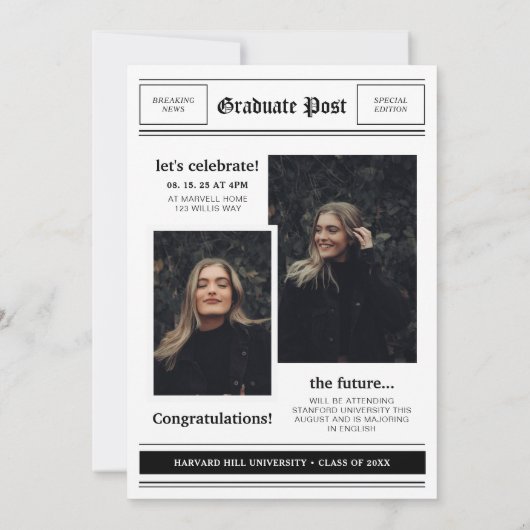 Krantenthema Fotocollage Afstudeerfeest Kaart (Achterkant)