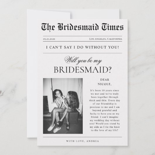 Krantfoto van een unieke bruidsmeisjesaanzoek kaart (Voorkant)