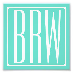 Kras Modern 3 Initiaal Monogram   Wit Op Aqua Foto Afdruk