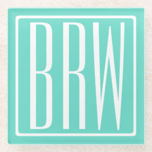 Kras Modern 3 Initiaal Monogram Wit Op Aqua Glazen Onderzetter