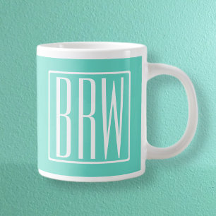 Kras Modern 3 Initiaal Monogram Wit Op Aqua Grote Koffiekop