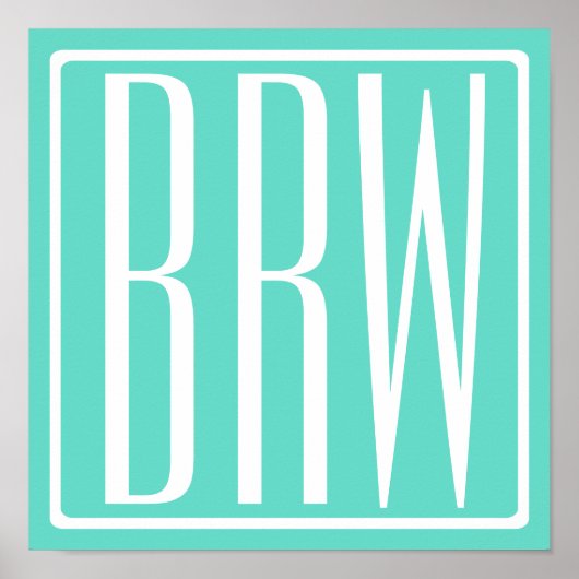 Kras Modern 3 Initiaal Monogram | Wit Op Aqua Poster (Voorkant)