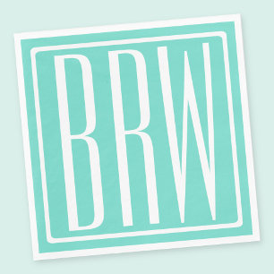 Kras Modern 3 Initiaal Monogram Wit Op Aqua Servetten