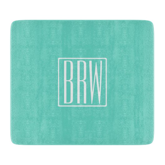 Kras Modern 3 Initiaal Monogram | Wit Op Aqua Snijplank (Voorkant)