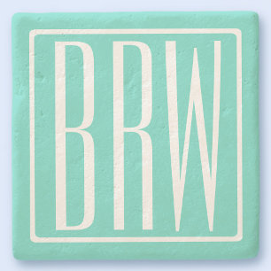 Kras Modern 3 Initiaal Monogram Wit Op Aqua Stenen Onderzetter