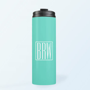 Kras Modern 3 Initiaal Monogram Wit Op Aqua Thermosbeker