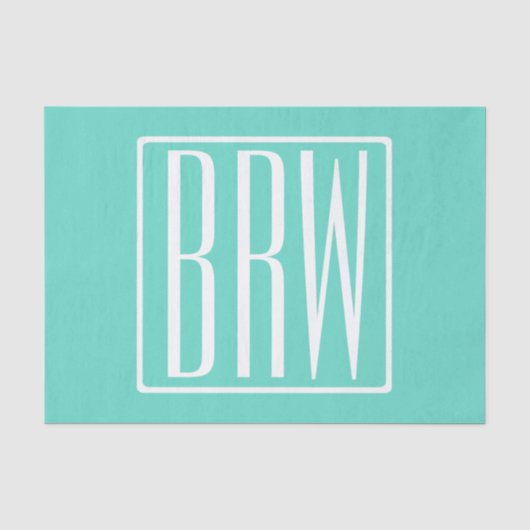 Kras Modern 3 Initiaal Monogram | Wit Op Aqua Tissuepapier (Voorkant)