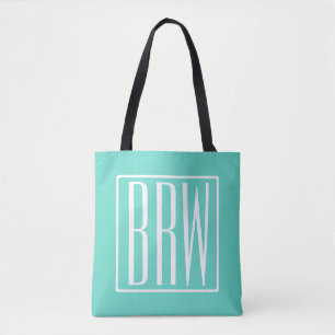 Kras Modern 3 Initiaal Monogram Wit Op Aqua Tote Bag